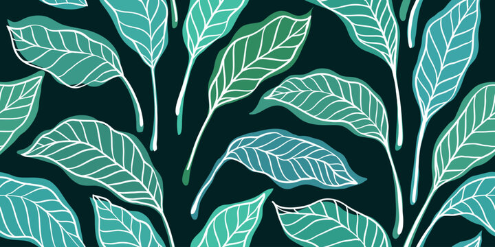 Abstract art green tropical line art leaves seamless background vector. Wallpaper design with leaves shapes and scribble doodle linear leaf. vintage botanical floral seamless pattern.