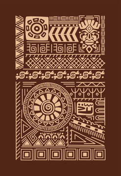 Mexican pattern. Tribal silhouette print. Aztec background. Polynesian and African ornaments. Mayan geometric shapes. Mexico indigenous texture. Peru or Inca flat graphic. Vector tidy ethnic motif