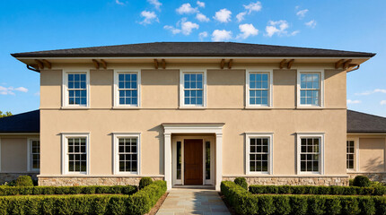 Obraz premium Elegant Beige Two-Story House with Manicured Hedges.