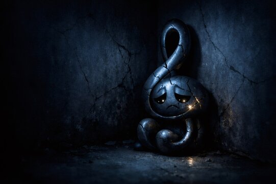 Cracked treble clef character sitting dejectedly in a dark, textured corner, showing an emotional struggle and concept of musical block or creative sadness