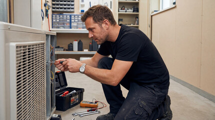 Fototapeta premium Electrician working on electrical panel with tools.