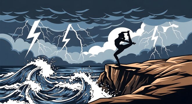 Yoga practitioner balances in a pose on a rocky cliffside during a turbulent thunderstorm at the dark ocean.