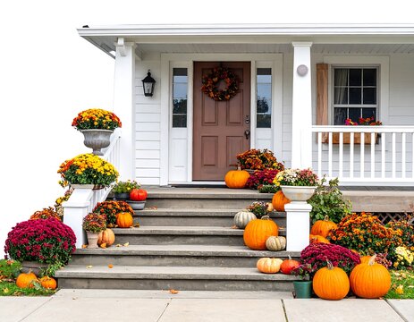 Autumn porch decor with pumpkins & colorful mums on the steps leading to a house entrance, against a bright, white bkg