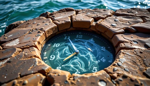 The image features a round clock embedded in a rustic stone structure, with the clock face displaying the time as approximately 10:52