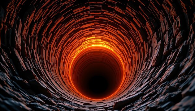 The image depicts a deep, circular abyss or vortex with a glowing, fiery orange hue at its rim, gradually fading into darkness towards the center