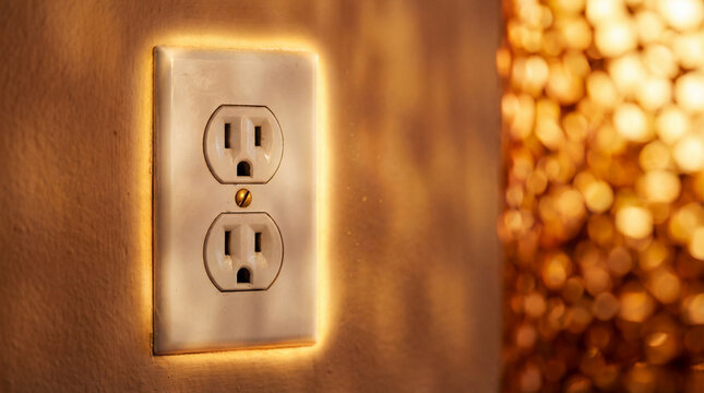 Close-up of a glowing electrical outlet on a textured wall.