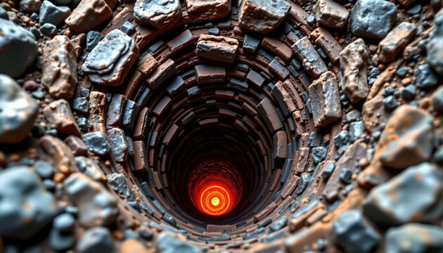 The image depicts a deep, circular tunnel lined with irregularly shaped rocks and stones on its walls