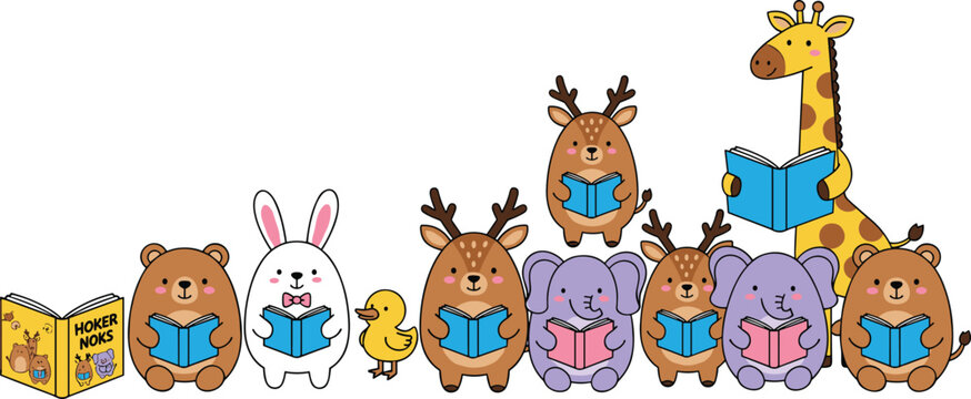 Cute cartoon animals reading books together including bear rabbit duck deer elephant and giraffe in cheerful vector design