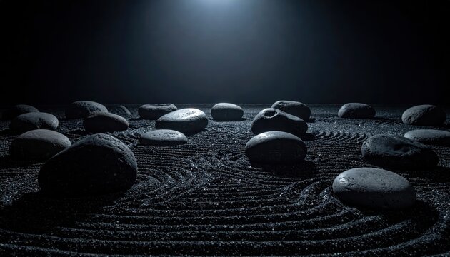 Perfectly polished dark stones precisely arranged in a tranquil zen garden with raked sand patterns