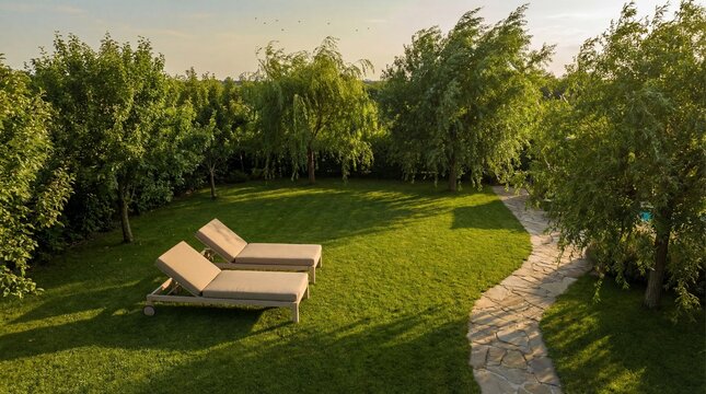 Two lounge chairs on a manicured lawn.