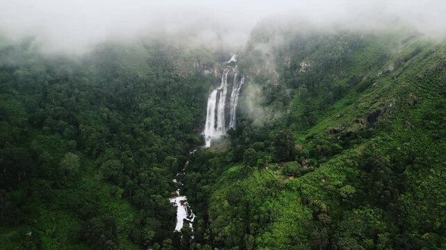 Drone Aerial Of Misty Bomburu Ella Waterfall In Sri Lanka Highlands