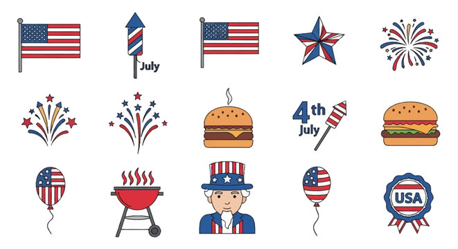 Vector icon set for American Independence Day featuring United States flags, Uncle Sam character, fireworks, BBQ grill, hamburgers, patriotic stars, and July 4th balloons.