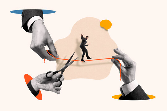 A businessman walks along a tightrope while balancing. Creative collage.
