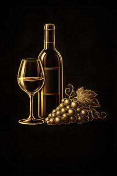 Golden Wine Bottle and Glass with Grapes on Dark Background, Elegant Still Life