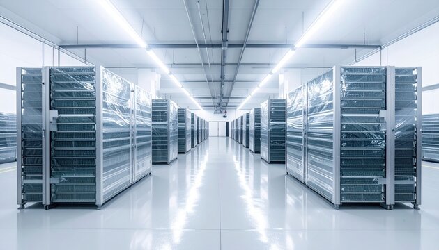 Rows of modern server racks in a brightly lit data center, emphasizing technological infrastructure and digital storage capabilities.