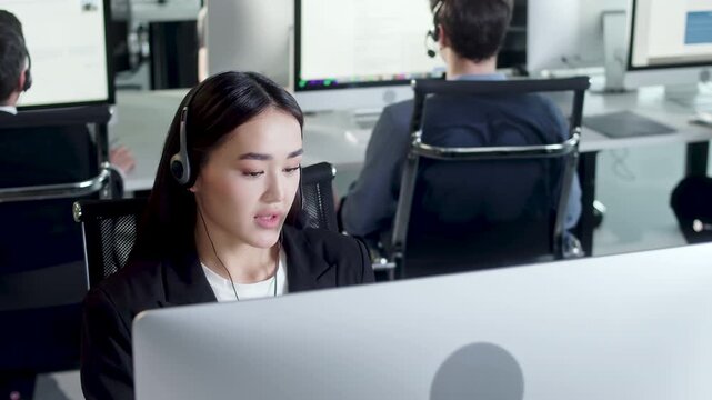 Young female customer support agent wearing headset and working at computer in a modern call center office. Professional businesswoman communicates with clients and handles support requests while