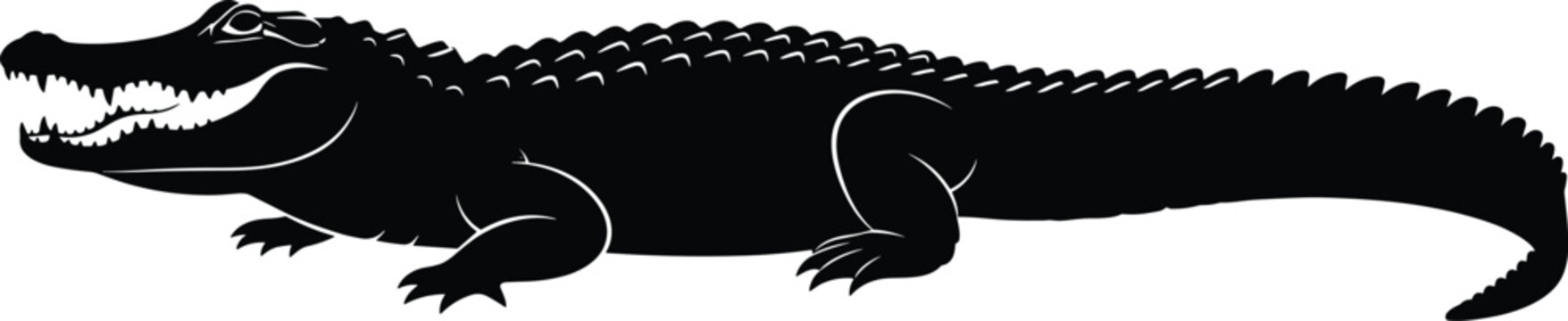 Powerful Alligator Silhouette Vector Illustration Featuring Aggressive Crocodile Profile with Sharp Teeth for Predatory Wildlife Mascot and Swamp Nature Design