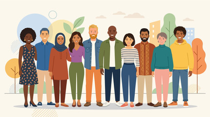 Obraz premium Multicultural Group of Diverse People Standing Together Flat Vector Illustration for Community