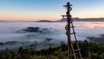 Obraz premium Woven rope ladder secured to a rustic wooden post offering an observation point over a misty mountain landscape at dawn
