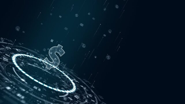 Motion graphic of dollar symbol on a futuristic interface with digital currency data and fintech visuals, creating a financial technology background for business video.