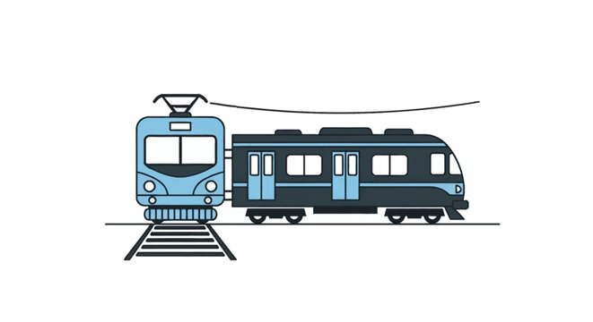 Flat vector illustration of a light blue electric locomotive front view on tracks with a pantograph, coupled with a dark navy blue side view passenger train car on a white background.