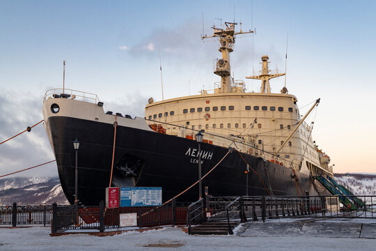 MURMANSK, RUSSIA - MARCH 11, 2025: The first nuclear-powered icebreaker "Lenin" on a March morning. Murmansk port