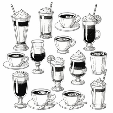 Set of black and white hand-drawn sketches of coffee beverages: espresso cups with saucers, latte macchiato, frappes with whipped cream, and iced drinks with straws on a white background.
