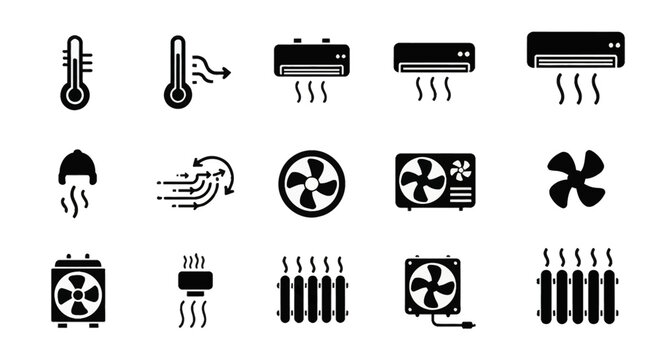 Black glyph icon set for heating, ventilation, and air conditioning HVAC systems featuring thermometer, radiator, split system unit, electric fan, and climate control symbols.