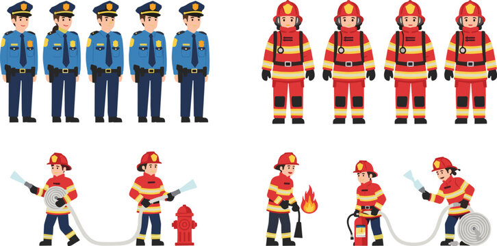 Police Officers and Firefighters Vector Set Featuring Emergency Service Workers in Uniform with Equipment Hose and Fire Safety Tools for Public Safety Design