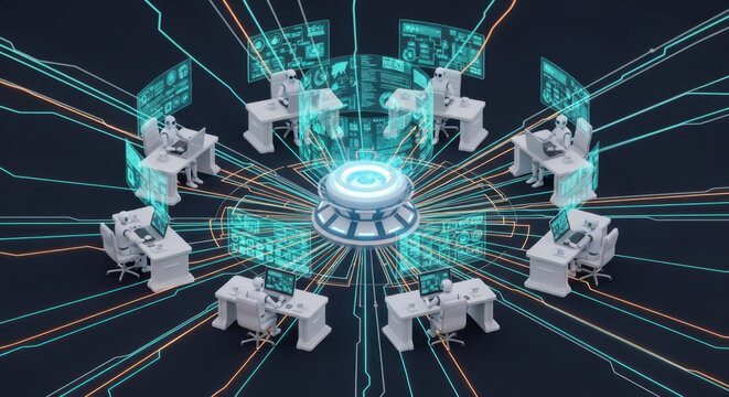 AI Ecosystem Platform Intelligent Marketplace Orchestration Glowing Ecosystem Connections Enterprise Agent Collaboration Network