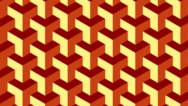 Geometric pattern of 3D cubes in shades of red and yellow