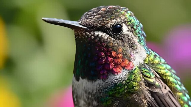 Close up of a male Annas Hummingbird with iridescent feathers.