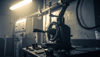 Fototapeta premium Darkened Industrial Steel Lever Mechanism with Intricate Gears and Control Panel Elements