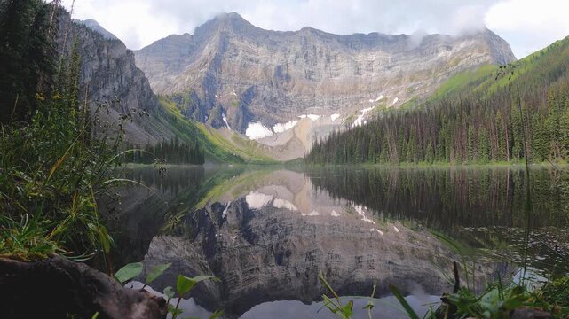 stunning aerial view of a summer mountain landscape featuring a serene alpine lake surrounded by lush green slopes and rugged rocky peaks, clear water. Perfect for showcasing adventure, hiking.