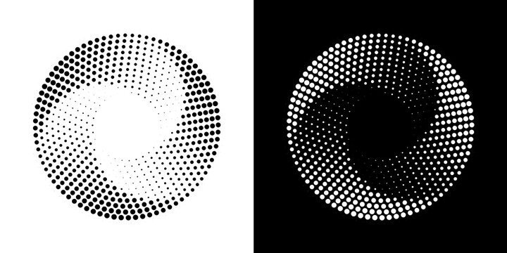 Halftone circle frame dotted background set. Round border design with halftone randtexture effect. Vector Template on White and black background
