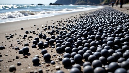 Obraz premium The image features a sandy beach lined with numerous dark spherical objects scattered along the shore. Some of these objects form a dense cluster, while others are more dispersed across the sand