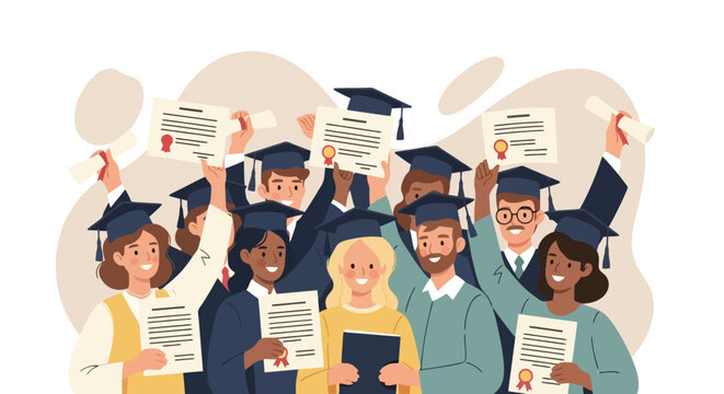 Diverse Group of Graduates Celebrating with Diplomas and Caps.