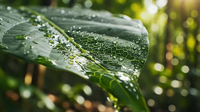 Closeup of a lush green leaf with water droplets after rain.