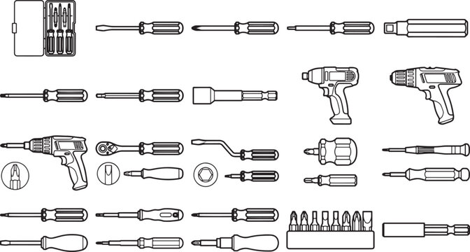 Assortment of screwdrivers and tools presented in an orderly array, offering a visual inventory.