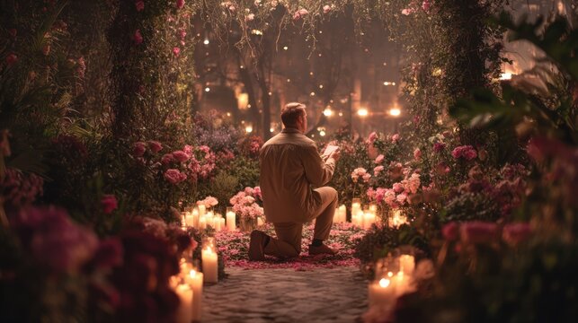 Man proposing with a ring on Valentinea??s Day surrounded by candles and flowers, emotional moment, 8k, realistic, full ultra HD, high resolution, cinematic photography