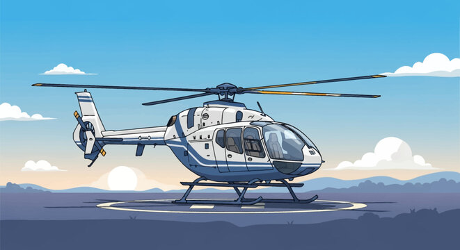 Vector illustration of a modern white and blue twin-engine helicopter parked on a circular helipad landing pad at sunrise with hills and a blue sky in the background.