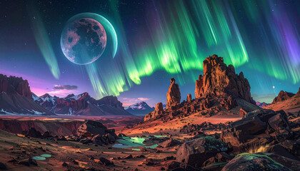 Alien planet aurora borealis landscape