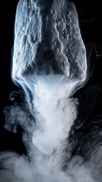 Craggy comet dry ice block sublimating and releasing thick billowing vapor that crawls downwards within a pitch black void environment
