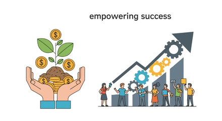 Obraz premium Vector illustration featuring hands holding a growing plant with dollar coins, alongside a team of people with a rising financial bar chart, gears, and upward arrow on white background.