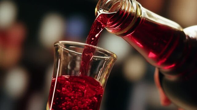 Pouring shot of red bitter, Cognac, whisky, Campari, Aperol, Cherry Vermouth Negroni, spanish wine drink, Alcoholic Americano Cocktail bitter, sweet vermouth and soda water, close up of making drink