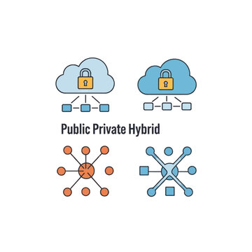 Information technology icon set depicting public, private, and hybrid cloud infrastructure featuring clouds with padlocks and network connection diagrams in a flat vector style.