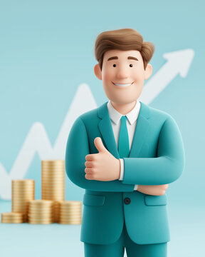 Financial Success Illustration: A confident, smiling cartoon businessman, thumbs up, stands before a rising graph and stacks of gold coins, symbolizing achievement and financial growth. 
