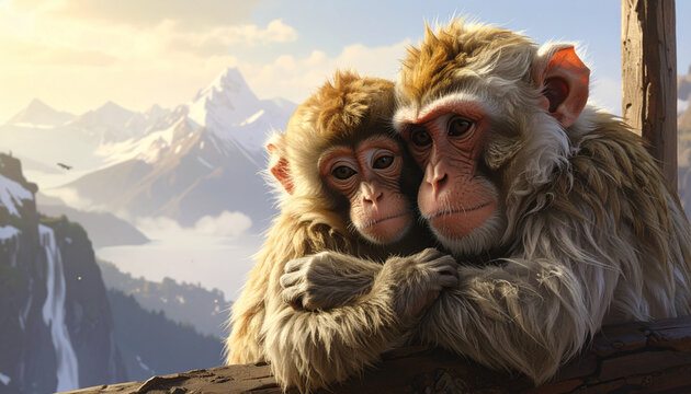 Monkeys hugging in snowy mountains