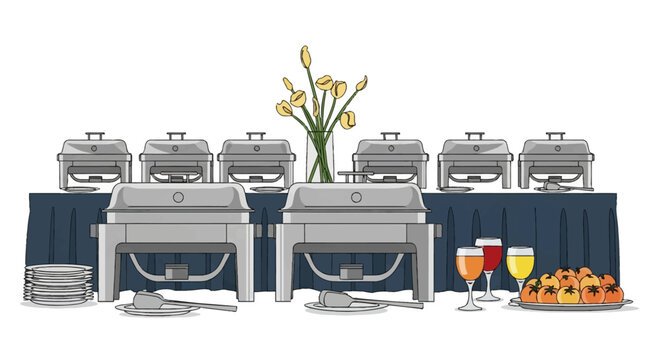 Vector illustration of a catering buffet setup featuring stainless steel chafing dishes, stacked plates, glassware, fruit, and a flower centerpiece on a blue draped table.