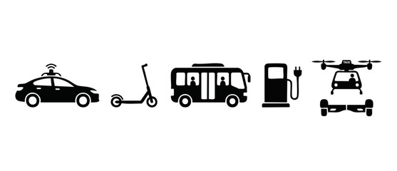 Future Urban Transportation Icons Set: Autonomous Car, Electric Scooter, Public Bus, Charging Station, and Drone Air Taxi for Smart City Mobility and Sustainable Travel Solutions, Minimalist Vector Gr © Fernando